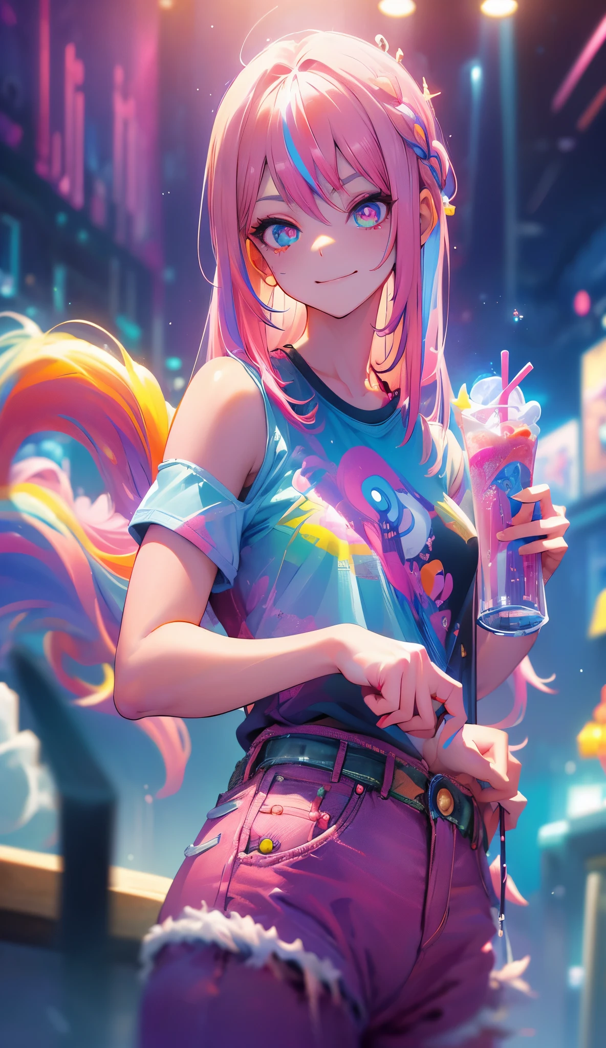 anipoma1,(masterpiece, best illustration, best manga), solo, 1girl, violet eyes, (shiny skin, soft hair), (holding a milkshake), freckles, (bright pink two tone hair:1.3), (wearing a led zepplin tshirt, denim jeans), (extreme light and shadow, volumetric lighting, rim lighting), (daylight:.5), (rainbow lights, light leak), (seductive, smirk), (solo), mangadusk1, manwha1