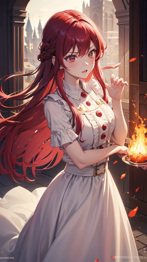 masterpiece, red hair, blewed hair, chanting magic fireball, majestic queen white dress, serious, fire effect, fire detail