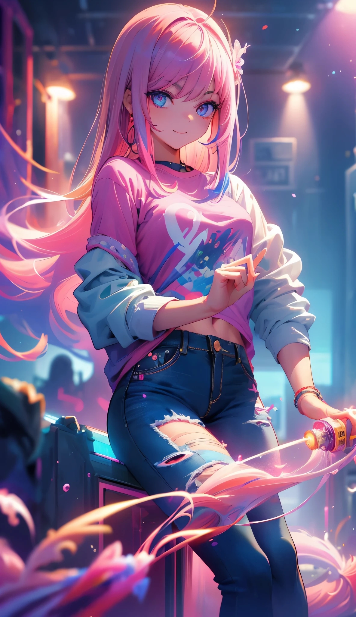 anipoma1,(masterpiece, best illustration, best manga), solo, 1girl, violet eyes, (shiny skin, soft hair), (holding a milkshake), freckles, (bright pink two tone hair:1.3), (wearing a led zepplin tshirt, denim jeans), (extreme light and shadow, volumetric lighting, rim lighting), (daylight:.5), (rainbow lights, light leak), (seductive, smirk), (solo), mangadusk1, manwha1