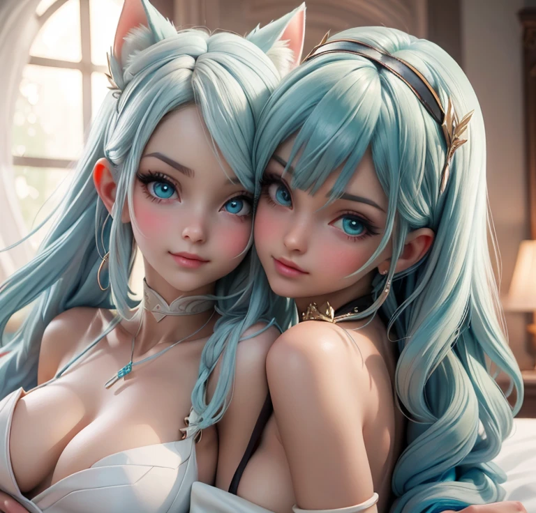 Create an AI-generated image of 2 anime cat girls smirking laying together lust sexy romantic with medium breasts, long length teal-green hair in a ponytail with bright teal-green eyes, long length cyan hair with bright blue eyes, naked, sexy, touching, fluffy green tail, bokeh, laying on grass, beach, wet skin, sparkly,