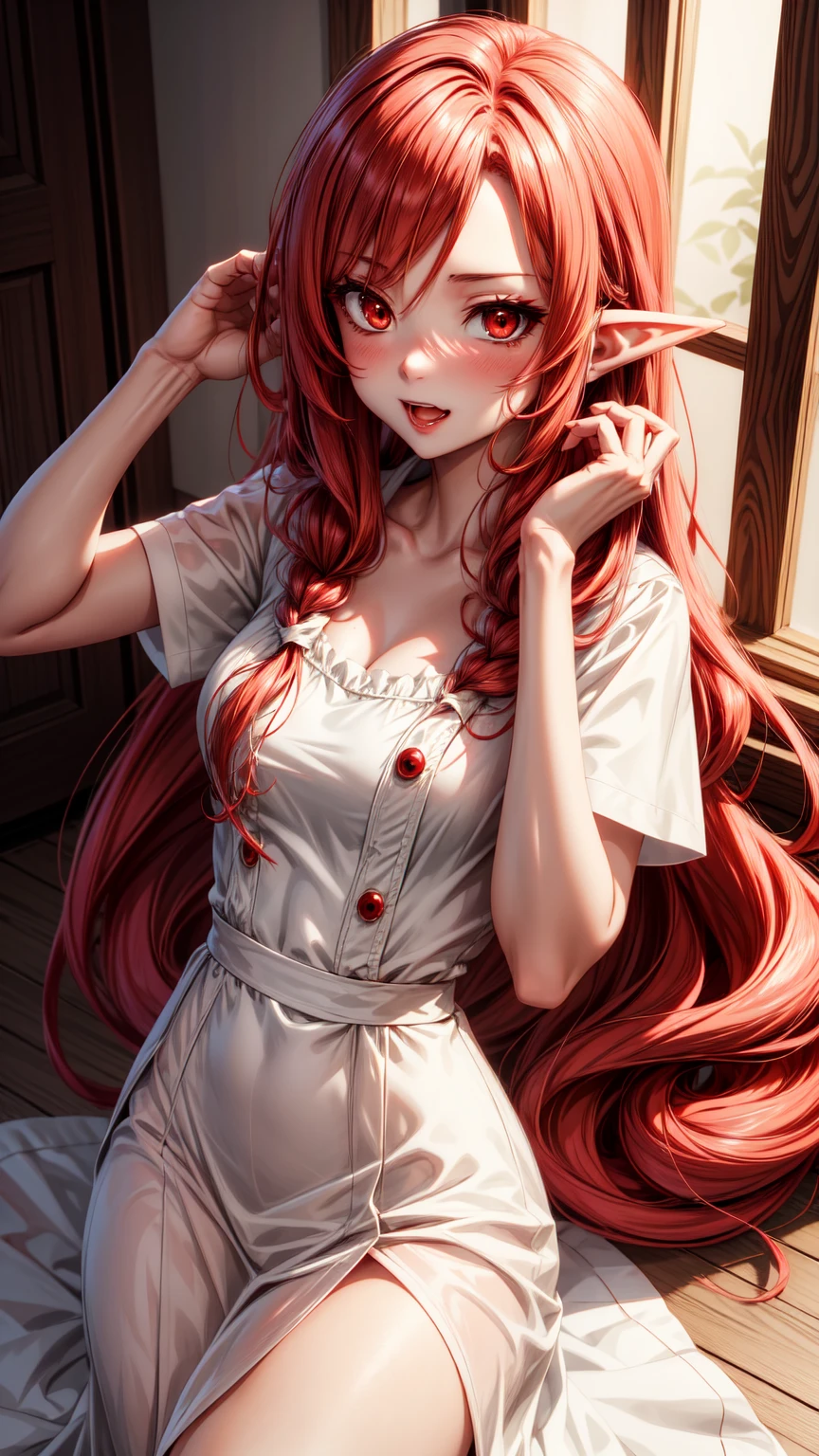 tenninka,1girl, green_eyes,pointy_ears, long_hair,red hair,brown_hair, solo,
sleeveless, short_sleeves, puffy_sleeves, puffy_short_sleeves, white_jacket,
apple,smile,swept bangs,grin,small breasts,
sunlight, light rays, 1girl, nude,, elf, long braid, sitting, (steam), looking at viewer, sauna, medium breasts, relax, light smile, sweat, towel,