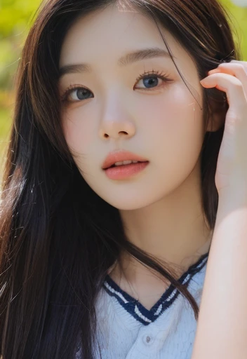 (1girl), (masterpiece), (best quality), (high resolution), (4k), (natural skin texture), korean girl, beautiful girl, 19 years old, perfect nose, perfect face, moderate lighting, simple background, (brown eyes), (dark brown hair), perfect eye shape, casual clothing, light clothing, small nose, thin nose, cherry lips colored, perfect teeth, perfect mouth, perfect eyes