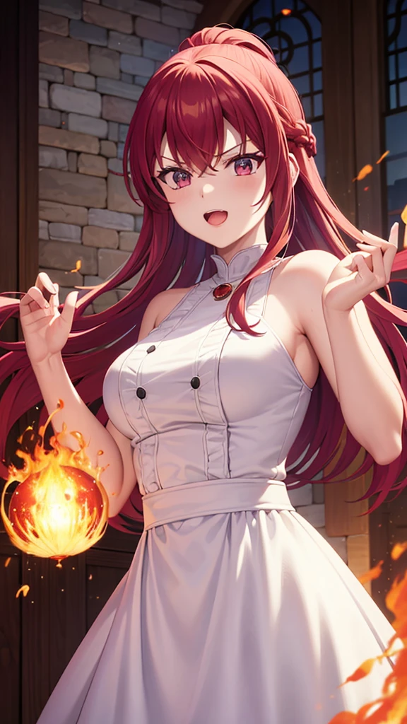 masterpiece, red hair, blewed hair, chanting magic fireball, majestic queen white dress, fire effect, fire detail