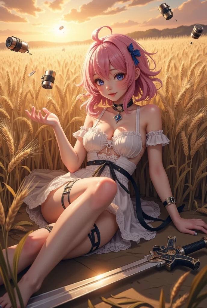 Pink haired jinx holding a sword and a long sword,In the middle of a golden wheat field under a warm sunset, Jinx lies among the tall stalks, lazily tossing grenades into the air as if they were harmless toys, her carefree demeanor clashing with the idyllic rural scenery.