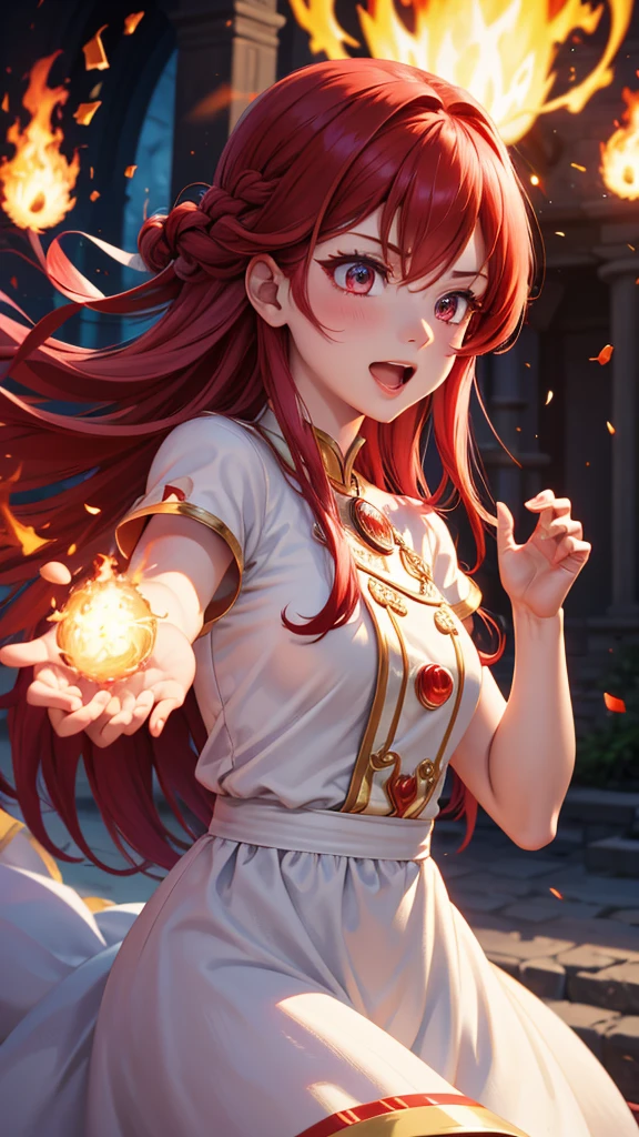 masterpiece, red hair, blewed hair, chanting magic fireball, majestic queen white dress, fire effect, fire detail