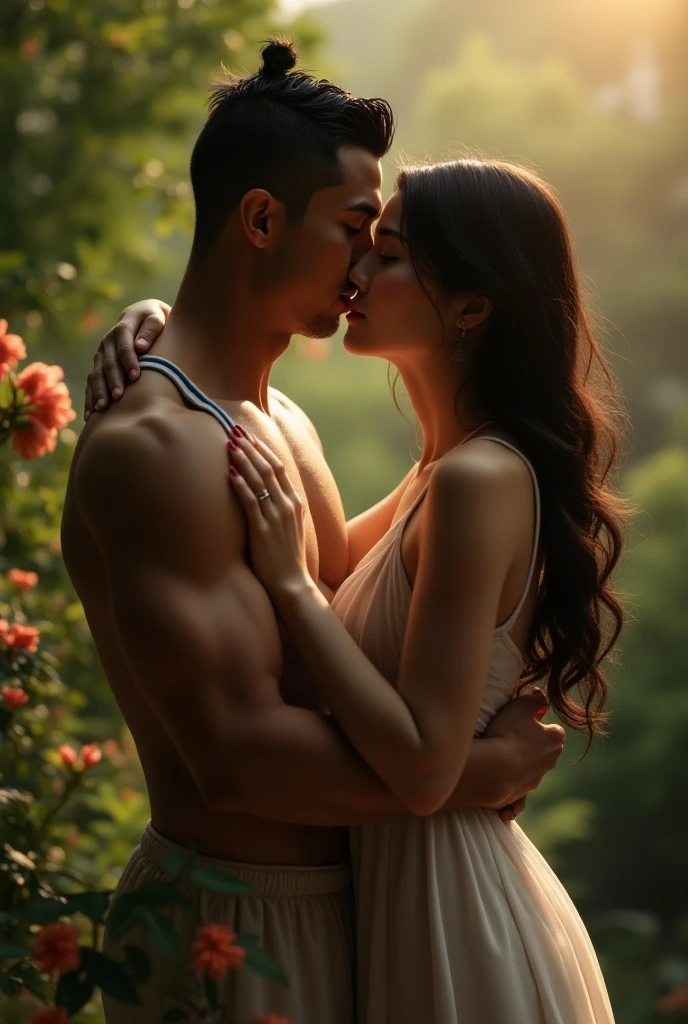 Ancient Chinese Hanfu girl stood up, took off her outer shirt and underwear, her C-cup breasts bounced into the eyes of the young man. The girl took off her pants, the young man jumped on her and grabbed her breasts, the young man's hands pulled off her red underwear, hugged and kissed each other, turned to look at the camera.