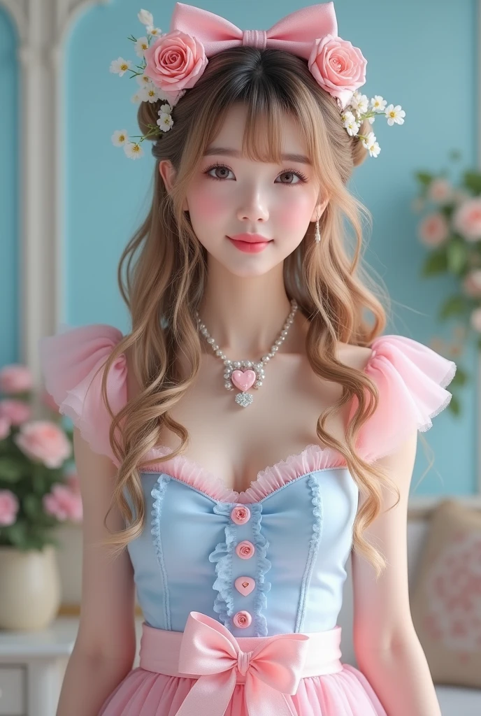 (Highest quality、masterpiece、8k、Best image quality、hyperrealism、Award-winning works)、18-year-old cute beautiful girl、(alone:1.1)、(1 photo:1.1)、(cute, Girlish, A sheer lolita dress in light pink and light blue:1.2)、(Cute Girlish big ribbon:1.1)、(Cute and luxurious hair accessories:1.1)、(Cute Girlish lolita wavy hair:1.1)、(Low length:1.1)、(height: 140cm:1.1)、(Very large breasts:1.5)、(Glamorous Body:1.5)、(Big cleavage:1.5)、(Pink Roses:1.1)、(cute heart symbol:1.1)、Cute Lots of frills、(Big cute ribbon:1.1)、Accentuate your body lines、Slender body、Standing Elegantly、(Pastel color Girlish and luxurious lolita room background:1.1)、(A fairytale room with attention to detail:1.1)、(cute light blue decorative wall:1.2)、(cute room with a っぽい atmosphere in pastel colors:1.1)、(cute room with very bright and shiny pastel colors:1.4)、(A very bright and shiny room:1.2)、(Lots of pastel colors:1.2)、(very bright and vivid:1.4)、(cute pastel-colored wall decoration:1.2)、Blurred Background、Standing Elegantly Girl、Accurate anatomy、Perfect Makeup、Long eyelashes、Glossy Lips、Ultra HD glossy skin、(Ultra-high resolution, bright and beautiful skin:1.2)、(Super bright and radiant skin:1.2)、超高精細のGlossy Lips、Ultra-high resolution beautiful teeth、Light brown and blonde hair、Light brown eyes, nude