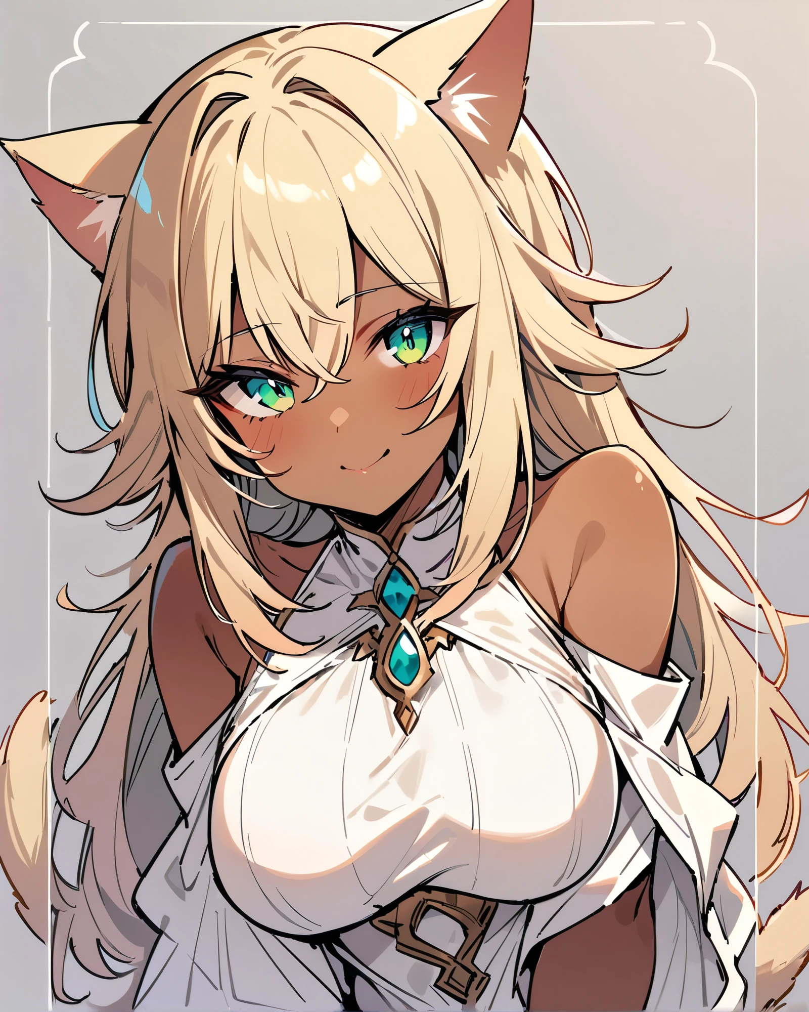 4k.8k ,beautiful eyes, masterpiece, best quality ,uitra detailed, highres, solo girl:1.1, 29 yo, (cat ears, cat tail):1.2, mature woman:1.2, slender, BREAK, happy smile, big breasts:1.4 ,tan skin:1.1, BREAK,(long hair, flipped hair, gold color hair), BREAK, green eye, BREAK, Fantasy woman in a luxurious white dress