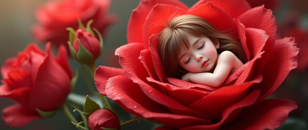  Very Detailed Red Roses 、 A Fairy Sleeps Inside a Rose Flower、(((A very small fairy:1.7、  Petal Clothes :1.37、Cute sleeping face 、 Sleeping Fairy  、Full body angle:1.37)))、Mysterious、Morning Dew、