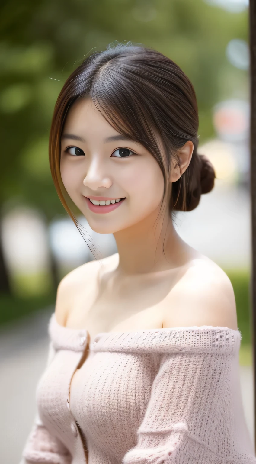 masterpiece,best quality,(Japanese ),((Beautiful girl)),cleavage,(perfect body beauty:1.2),(shy smile),beautiful teeth,(Blurred background of brick buildings),from above