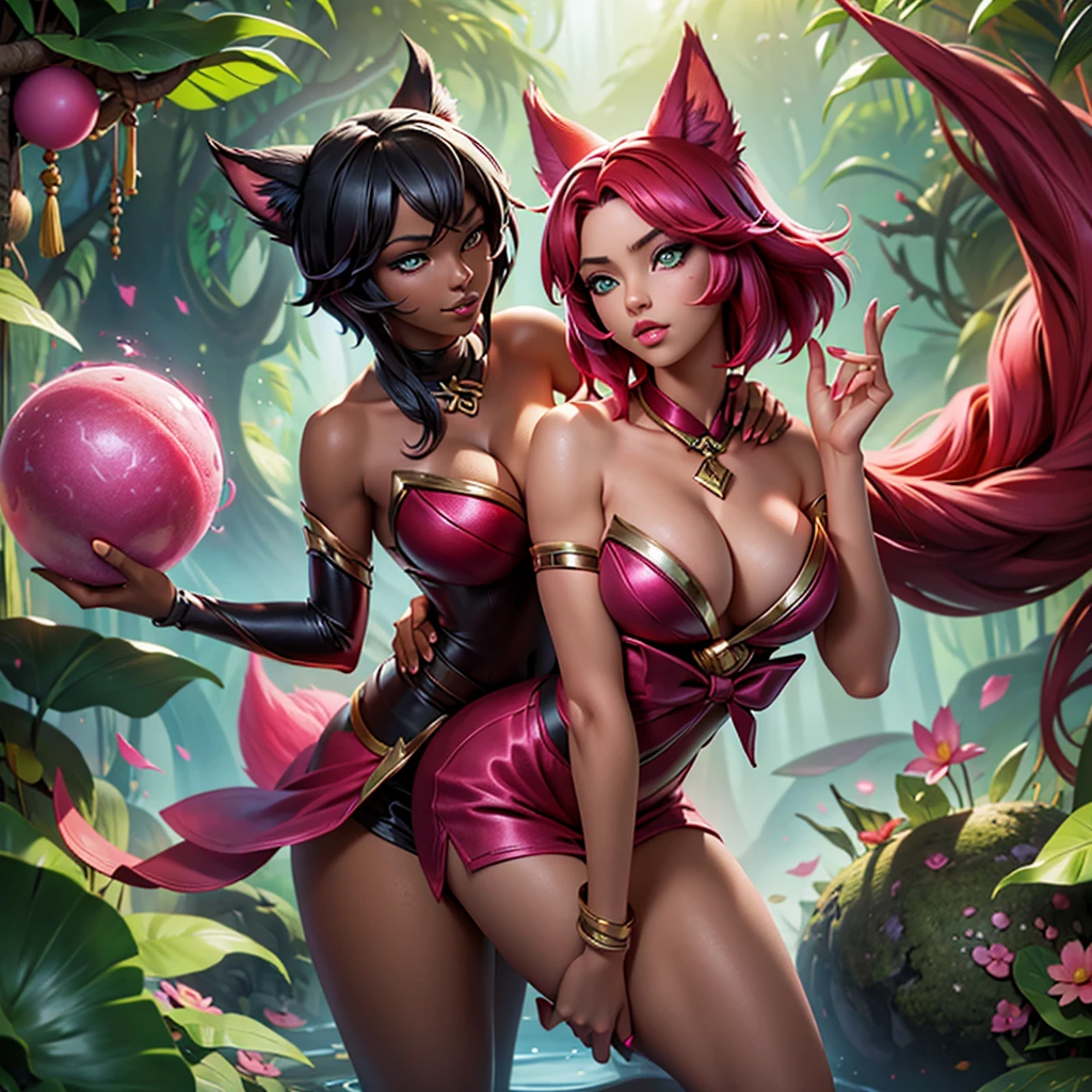 ahri, (dark skin), big lips, 20 years old, red hair, (black tunic), green eyes, cleavage, jungle background, medium boobs, short hair, (pink sphere in ahri's hand)