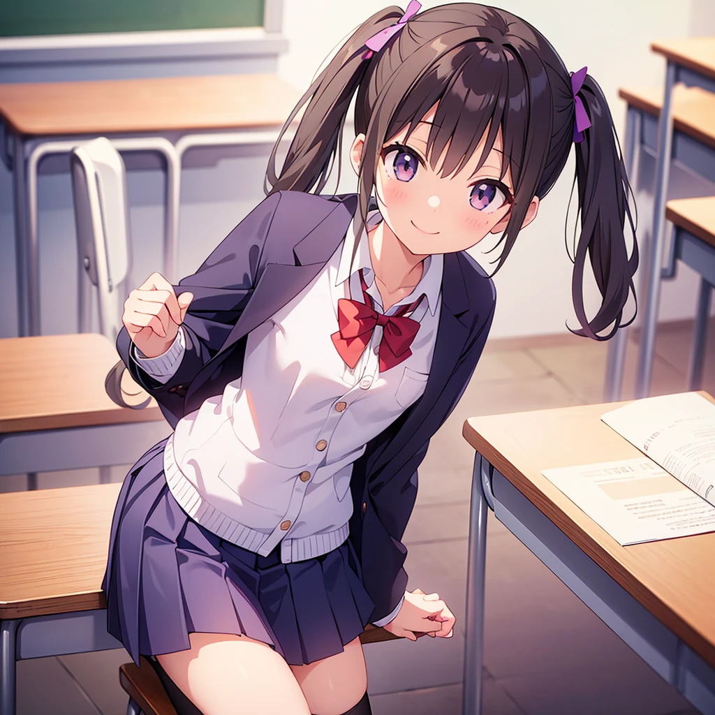 (masterpiece)、(Best Quality)、(Highly detailed representation)、(Light background)、(School Scene)、(  girl )、(1 person)、smile、shadow、light source、 small breasts、 school uniform、blazers、skirt、 knee socks、 twin tails