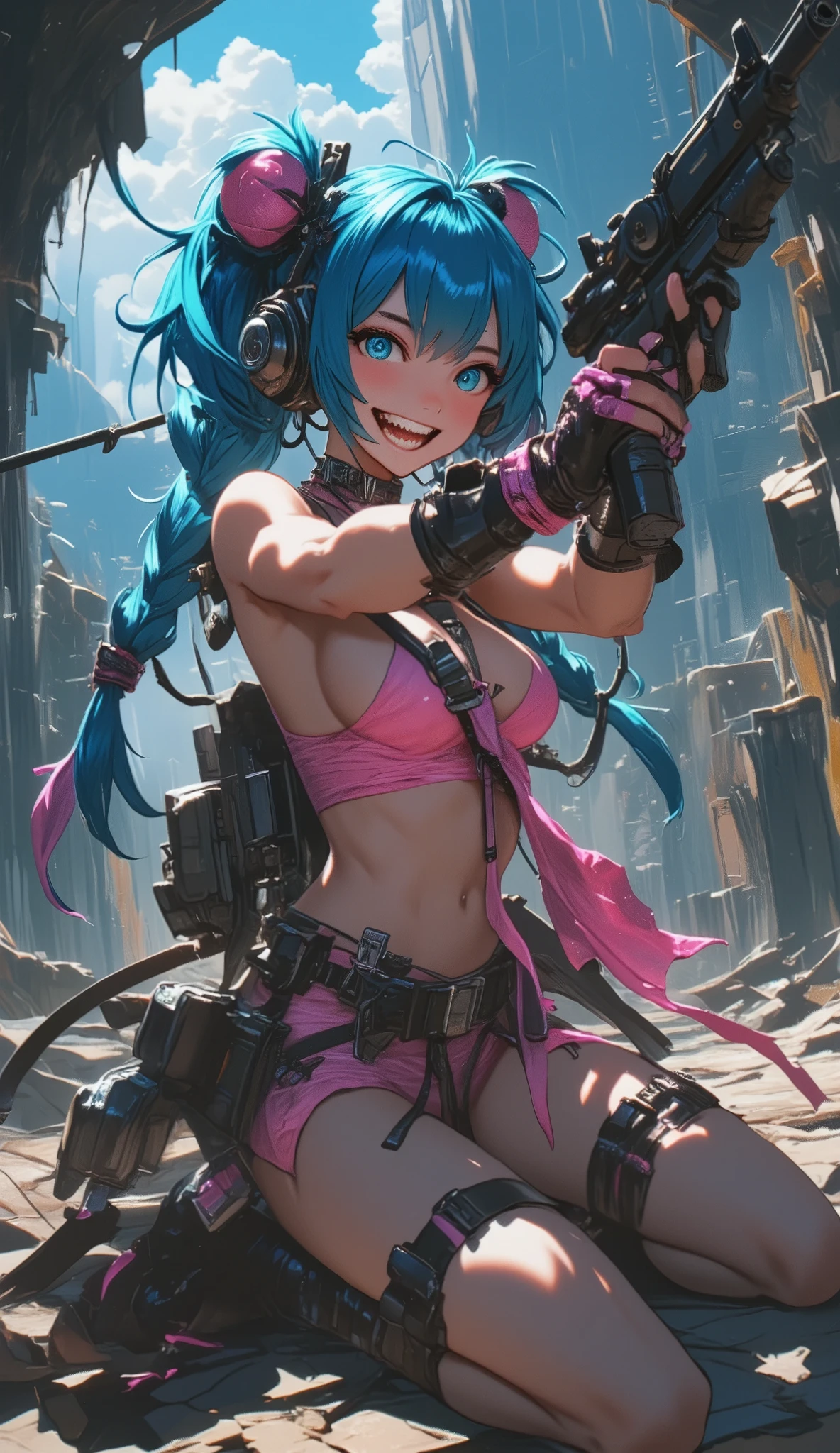  A close up of a woman with a gun with a shark's mouth in a ruined cave, Very long braids blue hair,  wears pink bikinis ,,  wears ammunition hanging on her body ,  wears a pink half net ,  wears military boots ,  Cyberpunk art inspired by Jules Chéret , Artstation,  fantasy art , arcane curse, Jinx de league of Legends, portrait of Arcane evil eye, Arcane evil eye, Unlucky face , Jinx expression , league of legends character, league of legends character art, League of Legends Art ,  Concept art inspired by Jules Chéret ,  surreal , crazy , craziness, Art Station, Painted, arcane Gafe, gafe from arcane, portrait of gafe from arcane,  Gafe from League of Legends ,  Gafe expression , Gafe, Gafe face , KDA, I want you to draw me, league of legends character, lucio as a woman