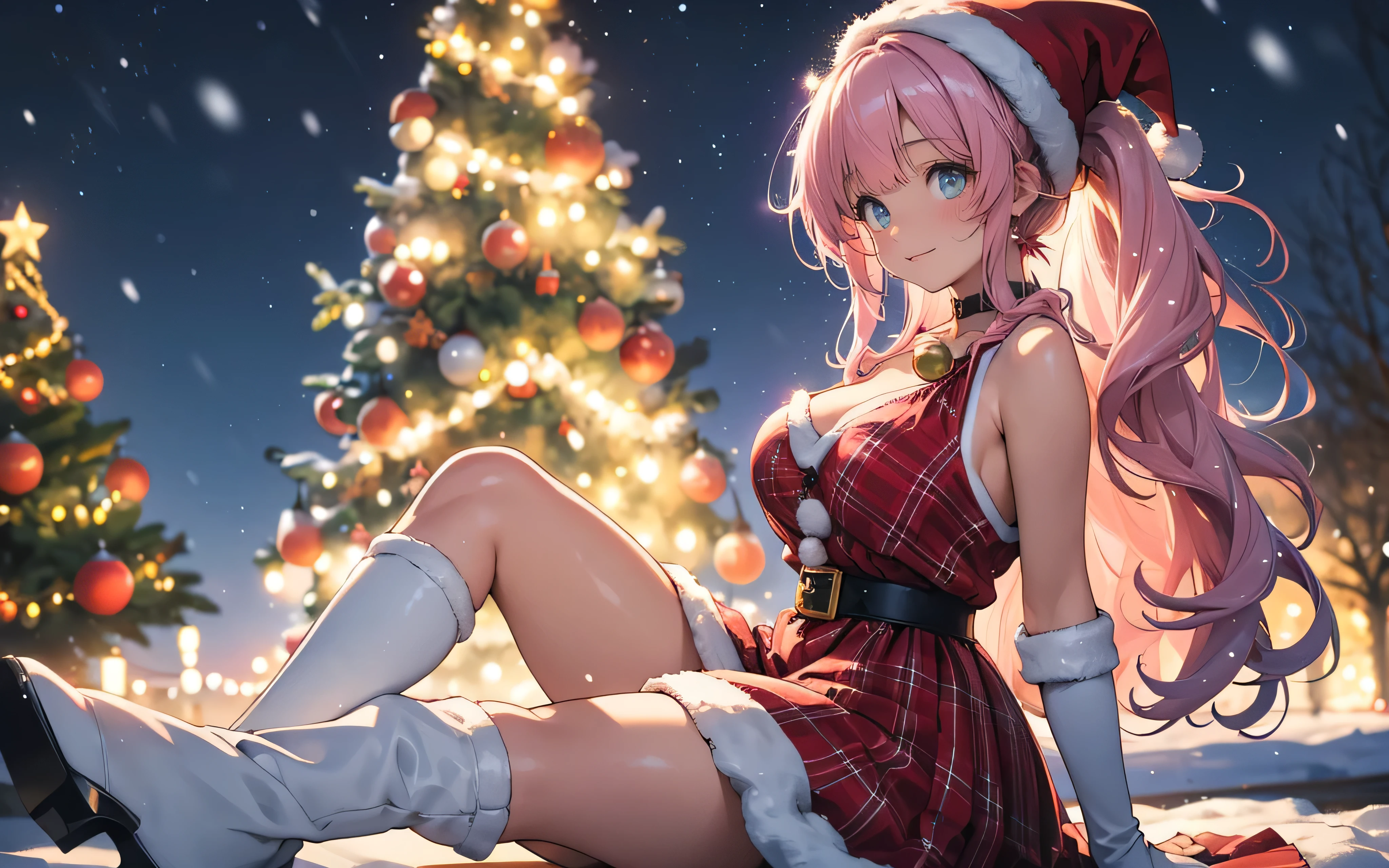 a beautiful young wonan, 19 years old,, 1girl, ( extremely large round breasts ), big cleavage, (((sleeveless ))), red plaid dress with white faux fur hem, (((((plunge neckline ))))), red santa hat with small bell at the end and white faux fur rim, black leather thigh-high boots, white stockings, tight white satin glove up to the elbows, smiling, long wavy pink hair in a ponytail, extremely detailed, photorealistic, 8k, highest quality, intricate magical effects, sparkling christmas lights, beautiful starry night sky, (aurora borealis), (snowing), (snow flakes in the foreground), (christmas trees with lights and decorations with a glowing star at the top), cinematic lighting, magical, festive, vibrant colors, digital art, she is on the right side of the image, (((blurred background))), sitting on the ground with legs straight in front of a magic decorated glowing christmas tree, ((view from side)), straight image, view of full body,