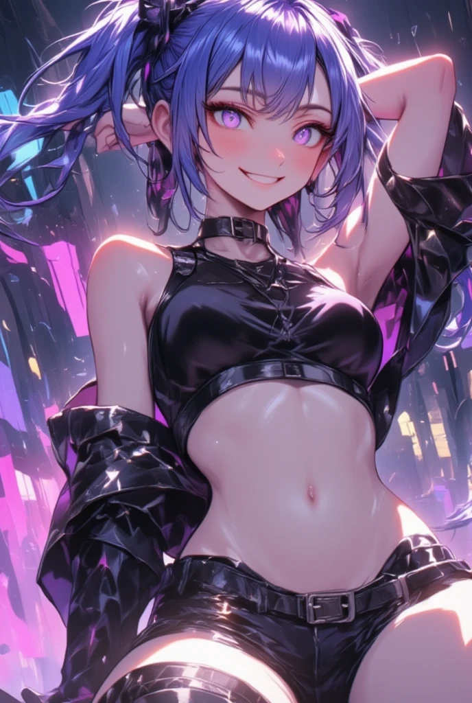 1girl,Jinx,Fleshy thighs,Poster publicity style,sexy Pose,Simetall,large breasts,Happy expression