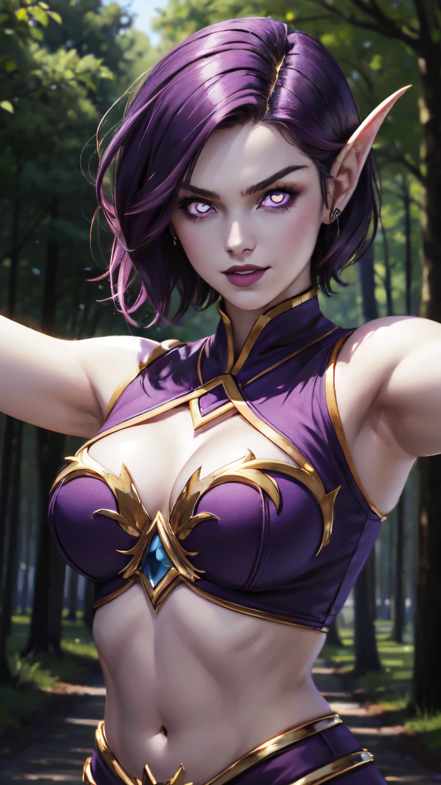(8K, highest quality, masterpiece:1.2), High resolution, masterpiece, break , beautiful woman, beautifully mouth, highly beautiful eyes and face, beautiful fine eyes, upper body, 20 years old girl, (1girl, purple hair, short hair, pink pupils:1.3, spiral eyes, lustful eye, purple lip, smile, clenched teeth, angry) (digital) (looking at viewer), (Forest background)), best quality, blue eyes, pointy ears, colored skin:1.2, blue skin:1.3, Purple clothes, cleavage, crop top, navel, gold trim, voidelf, outstretched arms