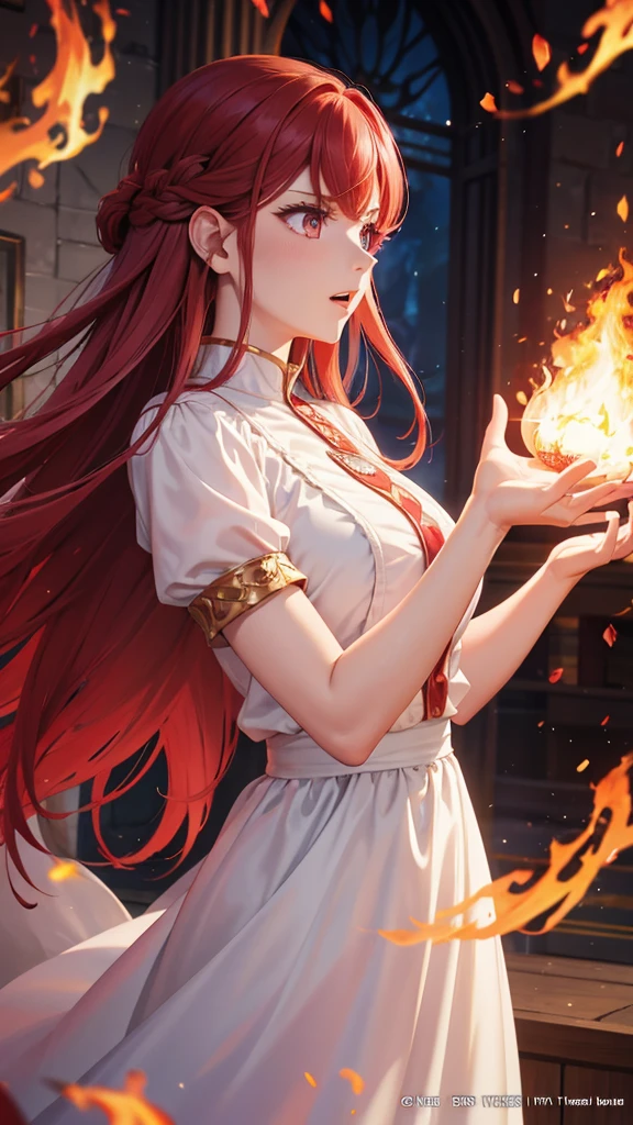 masterpiece, red hair, blewed hair, chanting magic fireball, majestic queen white dress, serious, fire effect, fire detail