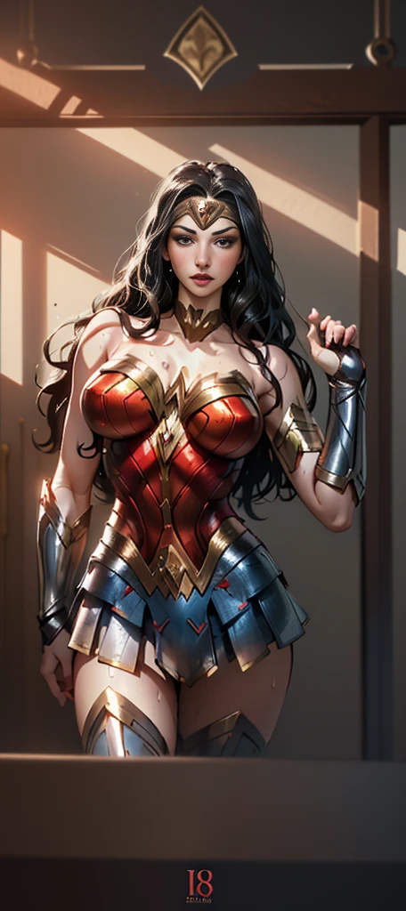 Beautiful woman detailed defined body using Wonder Woman role-playing,Cleavage small breasts,short skirt,holding long sword