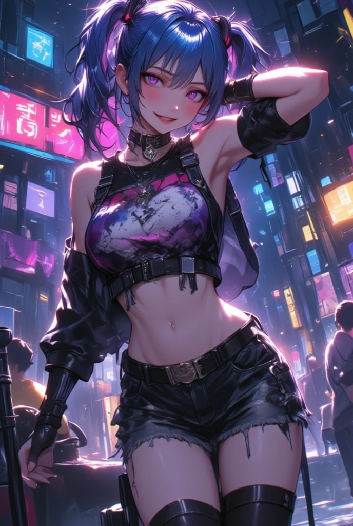 1girl,Jinx,Fleshy thighs,Poster publicity style,sexy Pose,Simetall,large breasts,(Stand in the street), (Night background), short denim skirt, the complex background, multicolored hair, (Colored inner hair), full blush, Side lighting, the complex background, looking to the camera, Side lighting, Makeup, Makeup, Blush, rough breath, Drooling, Naughty face, saliva trail, Evil, Cinematic lighting, hyper HD, Masterpiece, ccurate, Anatomically correct, Textured skin, Super detail, clench one's teeth, Lick lip, expressions