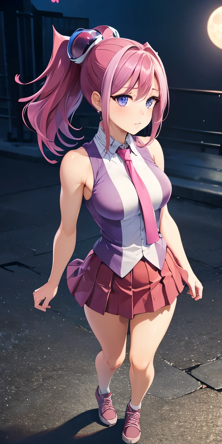 masterpiece, best quality, ultra-detailed, illustration,masterpiece, 8k,Best quality, high resolution, high resolution, hy1, hair ornament, multicolored hair, necktie, skirt, sleeveless, , pink skirt, tight skirt,miniskirt, jewelry ,beautiful detailed eyes, looking at viewer in a seductive look, close up, (breast focus), (arms behind back:1.2), tight clothes ,(from above:1.1), medium sized breasts ,attempt to seductive,blush,(wide thighs:1.3), moonlight,sky, ((full body)), pink snickers , multicolored hair , detailed face, detailed body,(profile view),8k