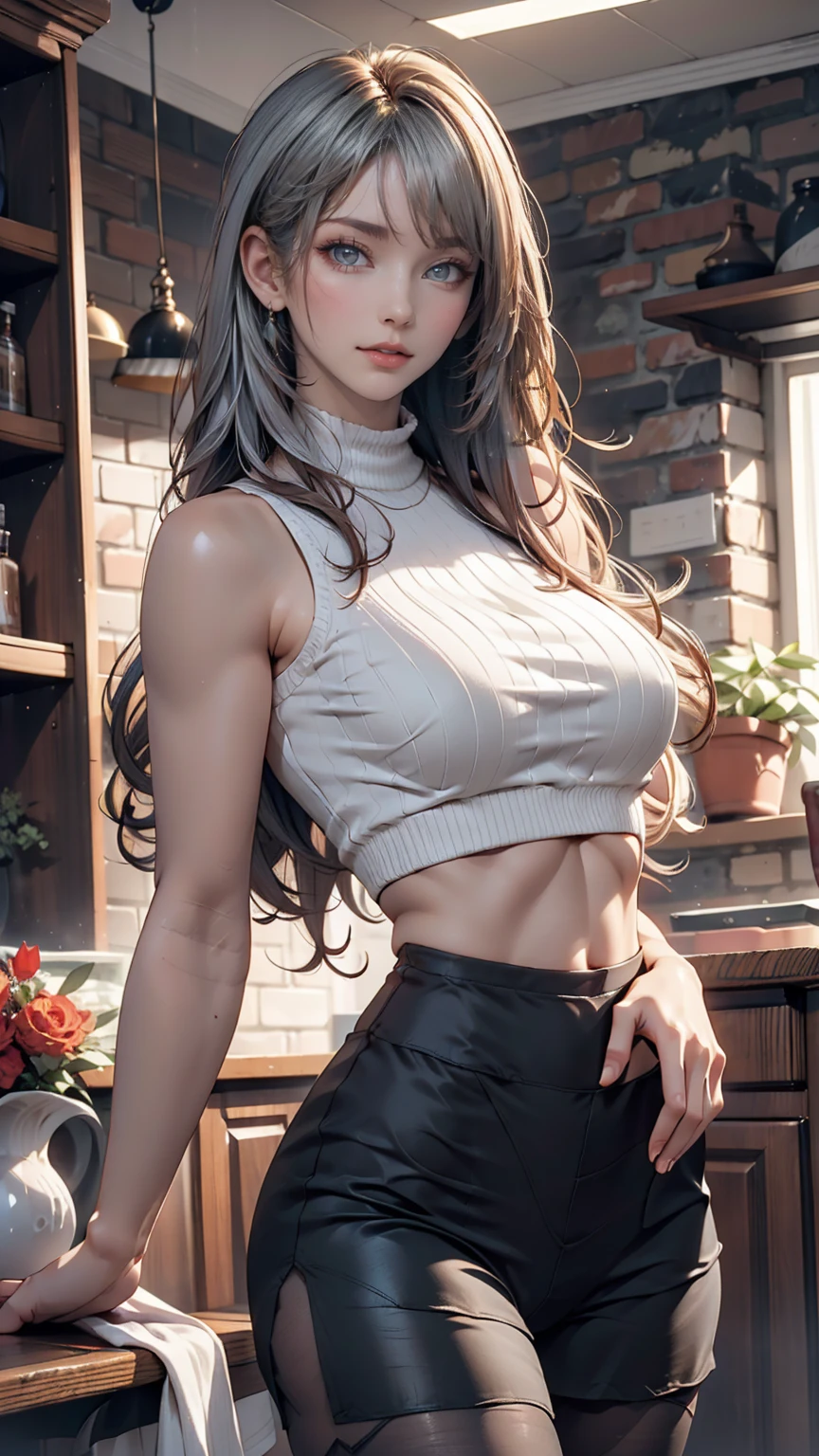 (masterpiece:1.3), High resolution, Super detailed, Highly detailed CG Unity 8K wallpaper, realistic, photo-realistic, Raw photo, Beautiful and dense face, pale skin, realistic glistening skin, fine cloth texture, detailed hair texture, perfect body, beautiful face, Accurate, anatomically correct, Highly detailed face and skin texture, natural neck length, (beautiful hands), (Fair skin:1.2), thin legs, thin legs,
break,
fine eyes, symmetrical eyes, light brown eyes, double eyelid, thin eyebrows, (glossy lips:1.4), (smile gently:1.2),
break,
(NSFW:1.1), (classy and cute girl:1.3), (1 girl), ((Wearing a white sleeveless turtleneck midriff sweater:1.3)), ((No bra:1.1)), (black pleated skirt), (knee high boots),
(medium big breasts, slender body shape, toned abdominal muscles, firm chest:1.1), beautiful clavicle,
(dark blonde hair, wavy hair, long hair:1.2), ((asymmetrical bangs:1.2)),