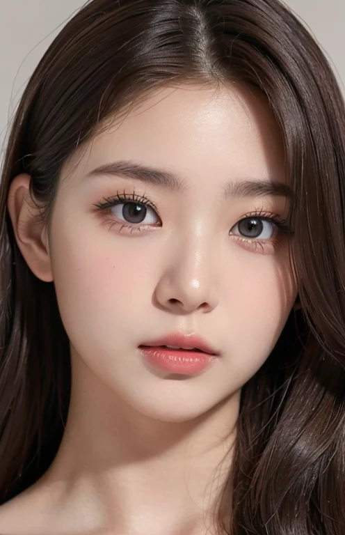  (1girl), (masterpiece), (best quality), (high resolution), (4k), (natural skin texture), korean girl, beautiful girl, 19 years old, perfect nose, perfect face, moderate lighting, simple background, (brown eyes), (dark brown hair), dark brown eyes, perfect eye shape, casual clothing, light clothing, small nose, thin nose, cherry lips colored, perfect teeth, perfect mouth, perfect eyes