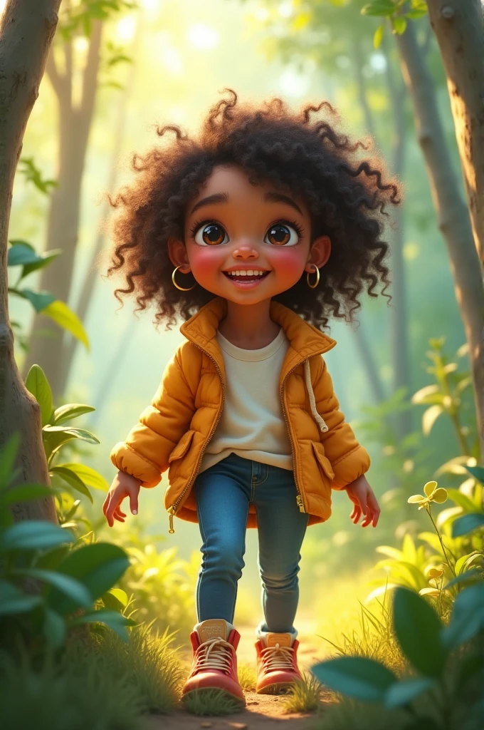 1Redenrização 3D Girl, foto limpa:4,3((solo))), (25 years of long curly messy hair, sorrindo feliz, africana africana pele marrom escura:2,2, olhos meigos;1.15), hands up, vestido azul celeste, corpo escultural de modelo, pose pra foto, foto limpa, sharp photo, tarde de
outono, rua florida, trees warm and soft luminosity, flohas sendo
levadas pelo vento, lente de desfoque de movimento, 8k