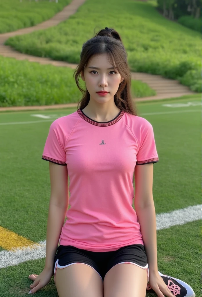 (8K、Raw photography、highest quality、masterpiece:1.2),(black haired、very short hair:1.9),show viewer,Looking at the front,erotic,白いskin,(volleyball warrior、bloomer ranger、The upper body is wearing a pink ranger costume..:1.8)、(Clothing that emphasizes the shape of your chest、publish one'skin:1.5)、(big breasts :1.3)、slim body shape、ultra high resolution,beautiful,beautiful fece,(alone, alone、no background:1.9),whole bodyボディー,japanese woman,(Photoreal:1.37)、photon mapping,reality、(Baby-faced and cute: 1.0)、(cute smile: 1.7)、(With a round face: 1.8)、radio city、Physically based rendering、depth of field rally background、photograph, (I can see your knees,close up of thighs:1.4),whole body、super fine