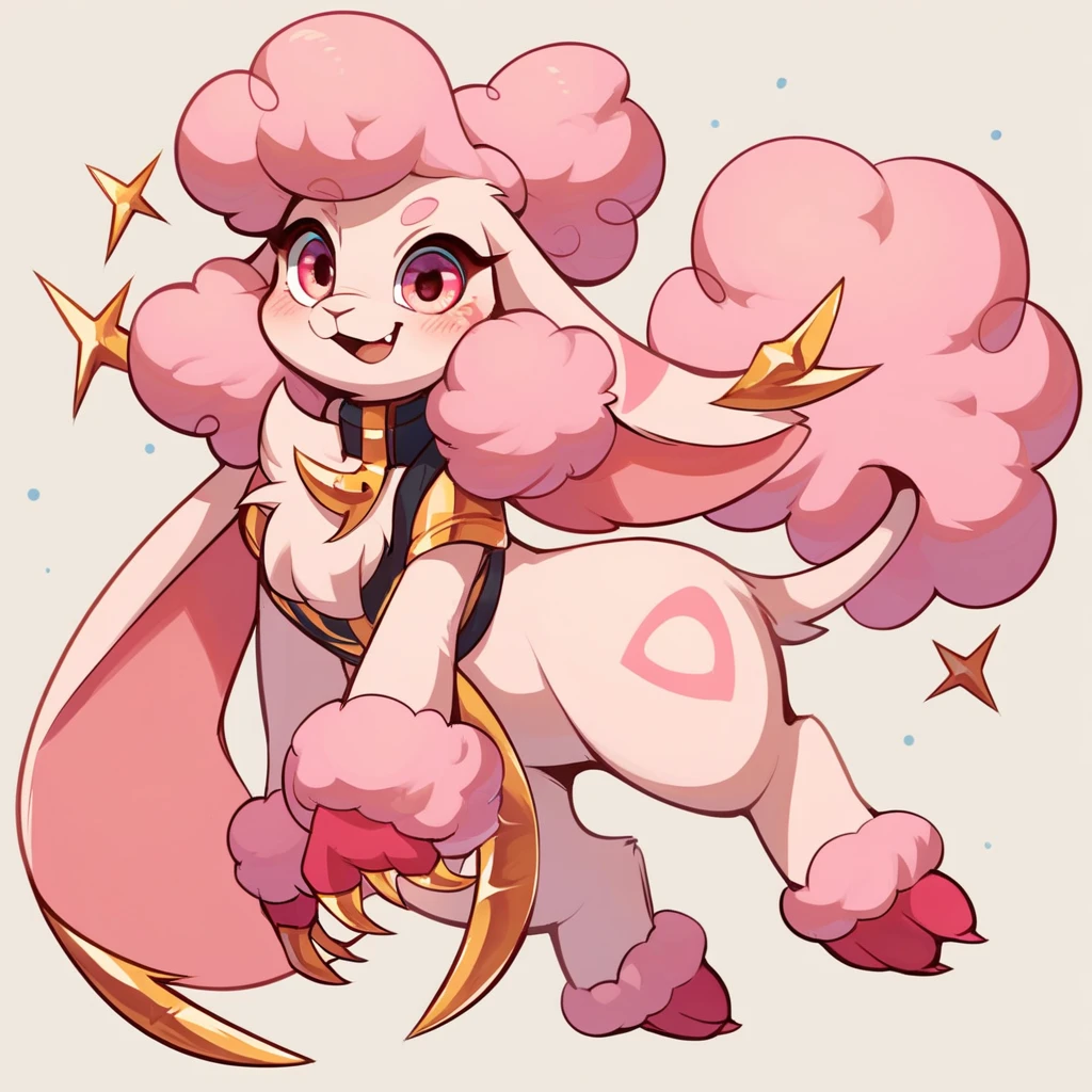 score_9, score_8_up, score_7_up, score_6_up, score_5_up, no humans, rating_safe, furfrou poodle digimon with pure white fur, golden claws, pink lop ears, pink triangle markings, pink curled tail
