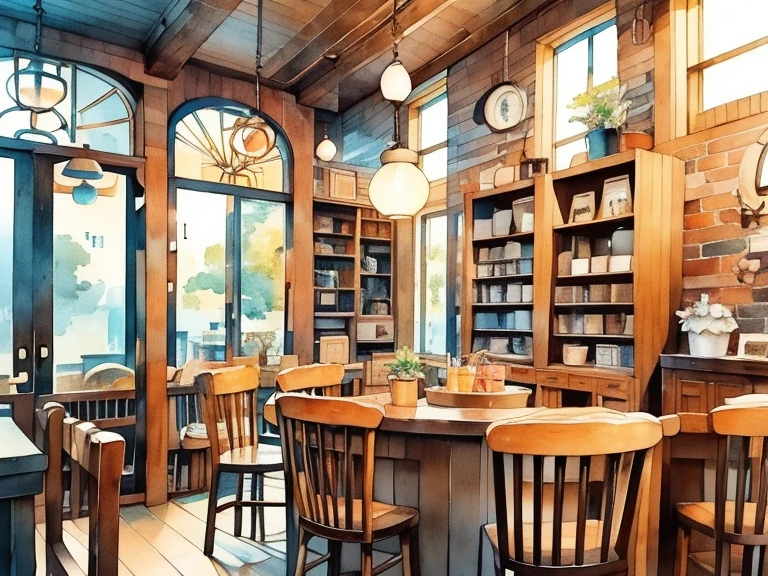  Coffee shop scenery,   coffee shop、Retro Cafe、Modern feel、Attic atmosphere、round window frame、Small store 、Counter seats only、There is a bookshelf、Soft light and dark 、 using colorful colors、 pale shade、