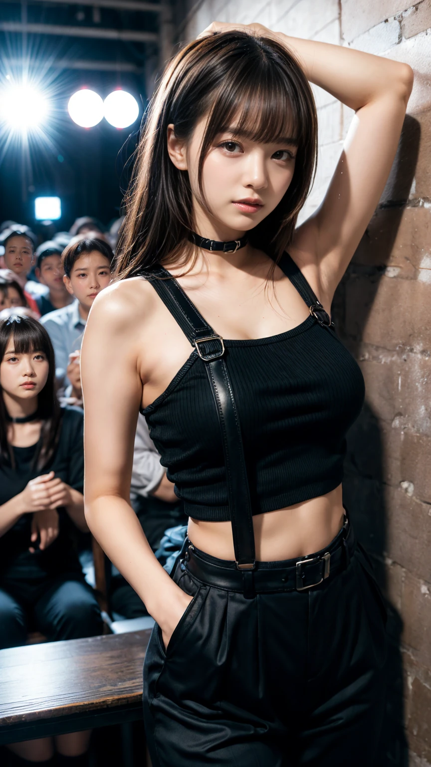 masterpiece、Flat Color、Depth of written boundary、Lens Flare 1 Girl、、Brown Hair、Staring at the audience　　　　belt　Black suspenders　　　Plump breasts　　　 　 Armpit sweat　sweating　両手のside　　wall: 　Black trousers, 　sight　　　Small face　bangs over eyes　side