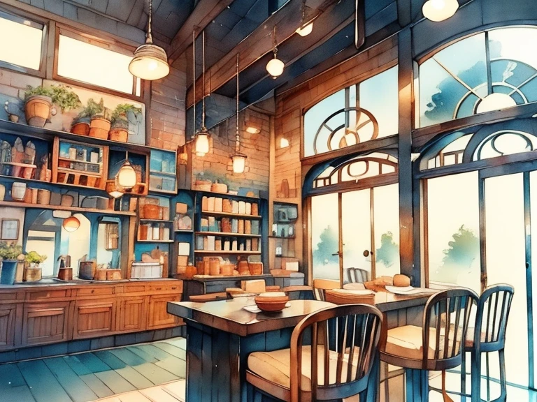 Coffee shop scenery 、Retro Cafe、Modern feel、 attic atmosphere、round window frame、Small store 、Counter seats only、There is a bookshelf、Soft light and dark 、 using colorful colors、 pale shade、