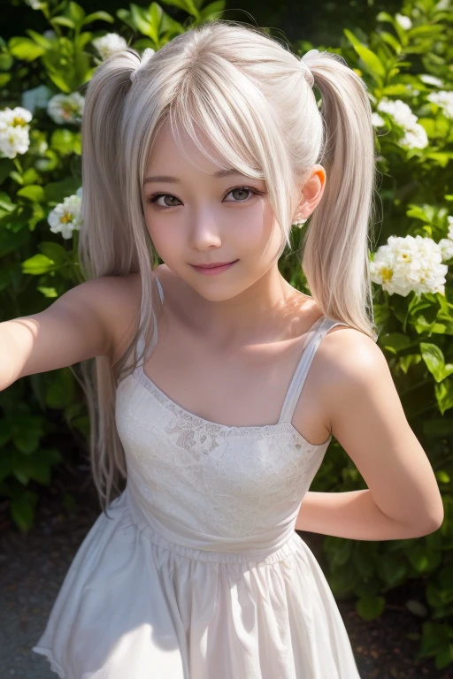 8k, RAW photo, Ultra high resolution, best quality, masterpiece, Portrait photography, extremely detailed CG unity 8k wallpaper, dynamic lighting, perfect lighting, (a Japanese cute girl:1.2), (:1.1), (beautiful round-face:1.2), beautiful detailed eyes, Super detailed eyes, small breasts, (White hair, medium hair, upside twintail:1.2), ((white hair, fieren)), (smile, closed mouth:1.1), gleaming skin, beautiful skin without moles, ((white summer dress:1.2)), (view from above, look at viewer, cowboy shot:1.1), in flower garden, (((frieren:1.3)))