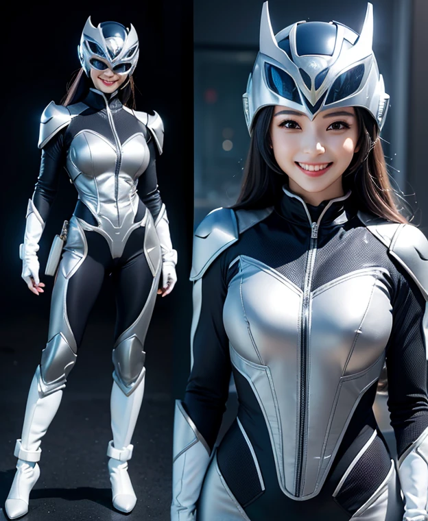 A woman (Anchor gray) rangers, Anchor gray ranger suit, as she power rangers toxic , full body , helmet mask, long hair, high detailed, realistic, gloves, ultra realistic, ((smile face)), smile face