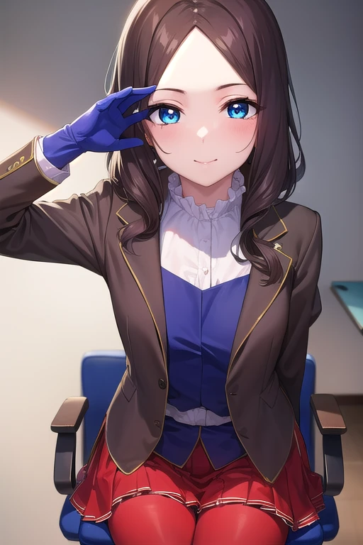 leonardo da vinci rider, blue eyes, brown hair, long hair, parted bangs,
BREAK (black footwear, brown jacket, elbow gloves, gloves, jacket, loafers, blue gloves, metal gloves, pantyhose, red skirt, shoes, skirt, puffy sleeves, thighhighs, blue thighhighs:1.2),
BREAK smile, (looking at viewer:1.1),
BREAK (sitting chair:1.1), (placing hand on knee:1.2), 
BREAK (from front:1.1), (cowboy shot:1.2),
BREAK (indoor, Infirmary, white room, chair:1.2),
BREAK (masterpiece:1.2), best quality, high resolution, unity 8k wallpaper, (illustration:0.8), (beautiful detailed eyes:1.6), extremely detailed face, perfect lighting, extremely detailed CG, (perfect hands, perfect anatomy),