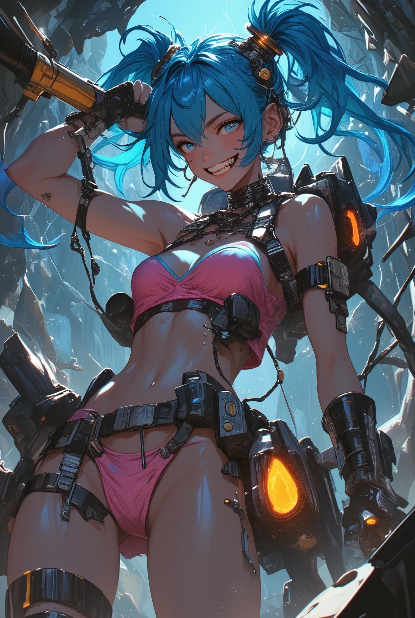  A close up of a woman with a gun with a shark's mouth in a ruined cave, Very long braids blue hair,  wears pink bikinis ,,  wears ammunition hanging on her body ,  wears a pink half net ,  wears military boots ,  Cyberpunk art inspired by Jules Chéret , Artstation,  fantasy art , arcane curse, Jinx de league of Legends, portrait of Arcane evil eye, Arcane evil eye, Unlucky face , Jinx expression , league of legends character, league of legends character art, League of Legends Art ,  Concept art inspired by Jules Chéret ,  surreal , crazy , craziness, Art Station, Painted, arcane Gafe, gafe from arcane, portrait of gafe from arcane,  Gafe from League of Legends ,  Gafe expression , Gafe, Gafe face , KDA, I want you to draw me, league of legends character, lucio as a woman
