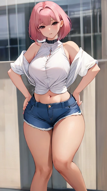 (obra de arte, Melhor qualidade), 1 garota, cabelo rosa, corte superior, shorts jeans, quarto, coxas listradas,