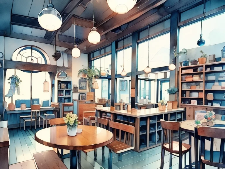  Scenery of a coffee shop with only counter seats、Retro Modern Atmosphere 、Attic atmosphere、round window frame、Small store 、There is a bookshelf、Soft light and dark 、 using colorful colors、 pale shade、