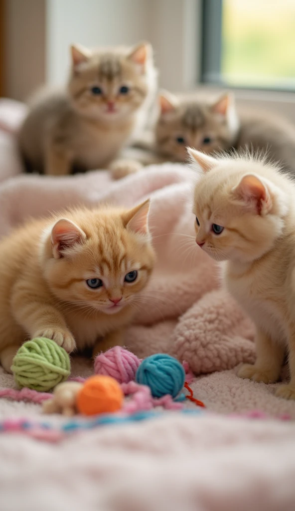  "A group of adorable, fluffy kittens playing together in a cozy and cheerful setting. The kittens are of various colors, with big, round eyes and soft fur, playing with colorful balls of yarn, tiny toys, and each other. The scene is filled with natural light, highlighting the kittens' joyful and playful expressions. The background is softly blurred to keep the focus on the kittens and their playful antics, creating a warm, heartwarming atmosphere."