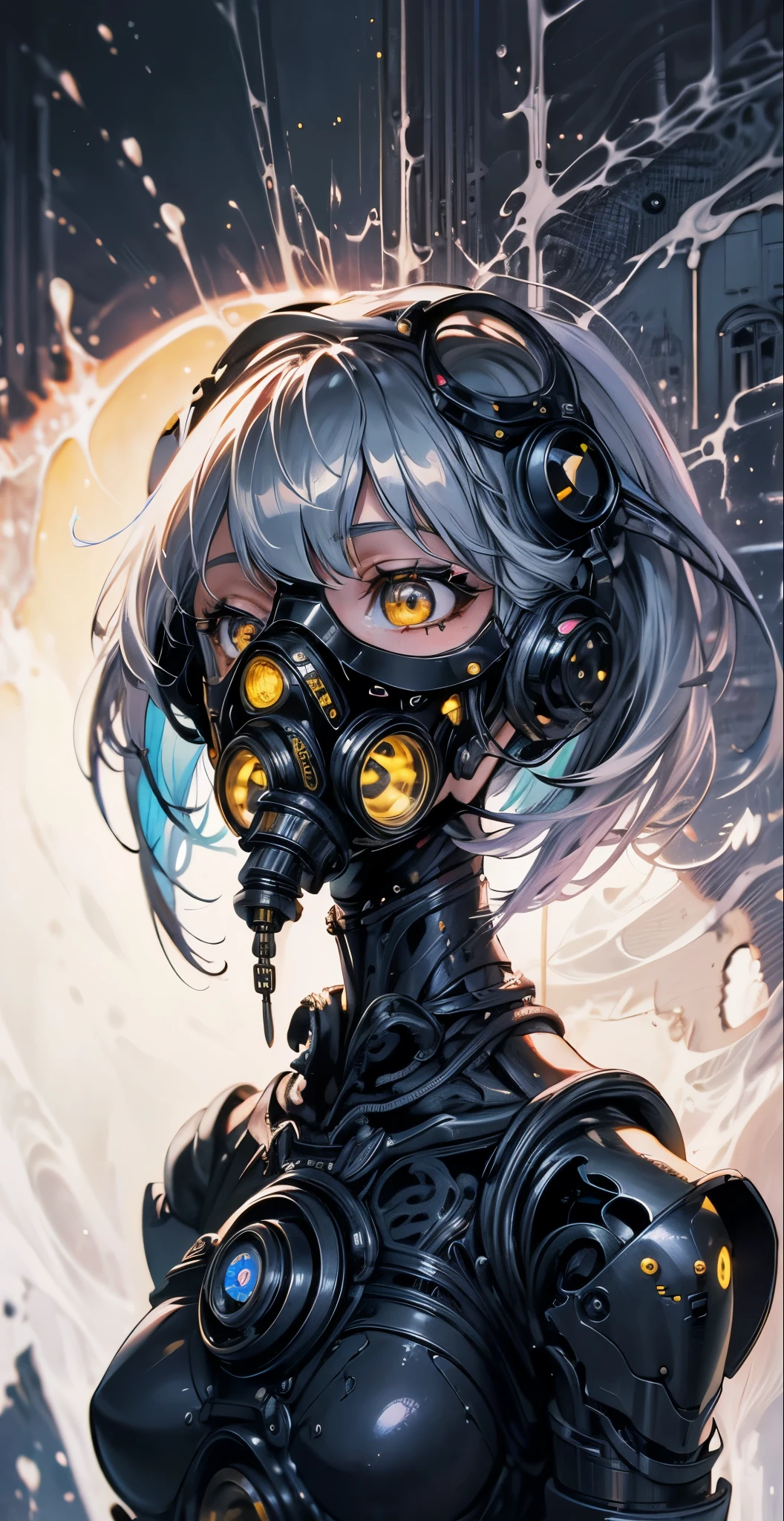 (masterpiece:1.2,high quality), 1girl, ((ultra realistic details)), global illumination, shadows, Unreal Engine, octane render, 8k, ultra sharp, metal, intricate, ornaments detailed, highly intricate details, yellow eyes, (mechanical body:1.2), white hair, (black gas mask), Gear, bob cut, hundreds of wires, Terran, (Robot, android:1.15), Apocalypse, broken buildings