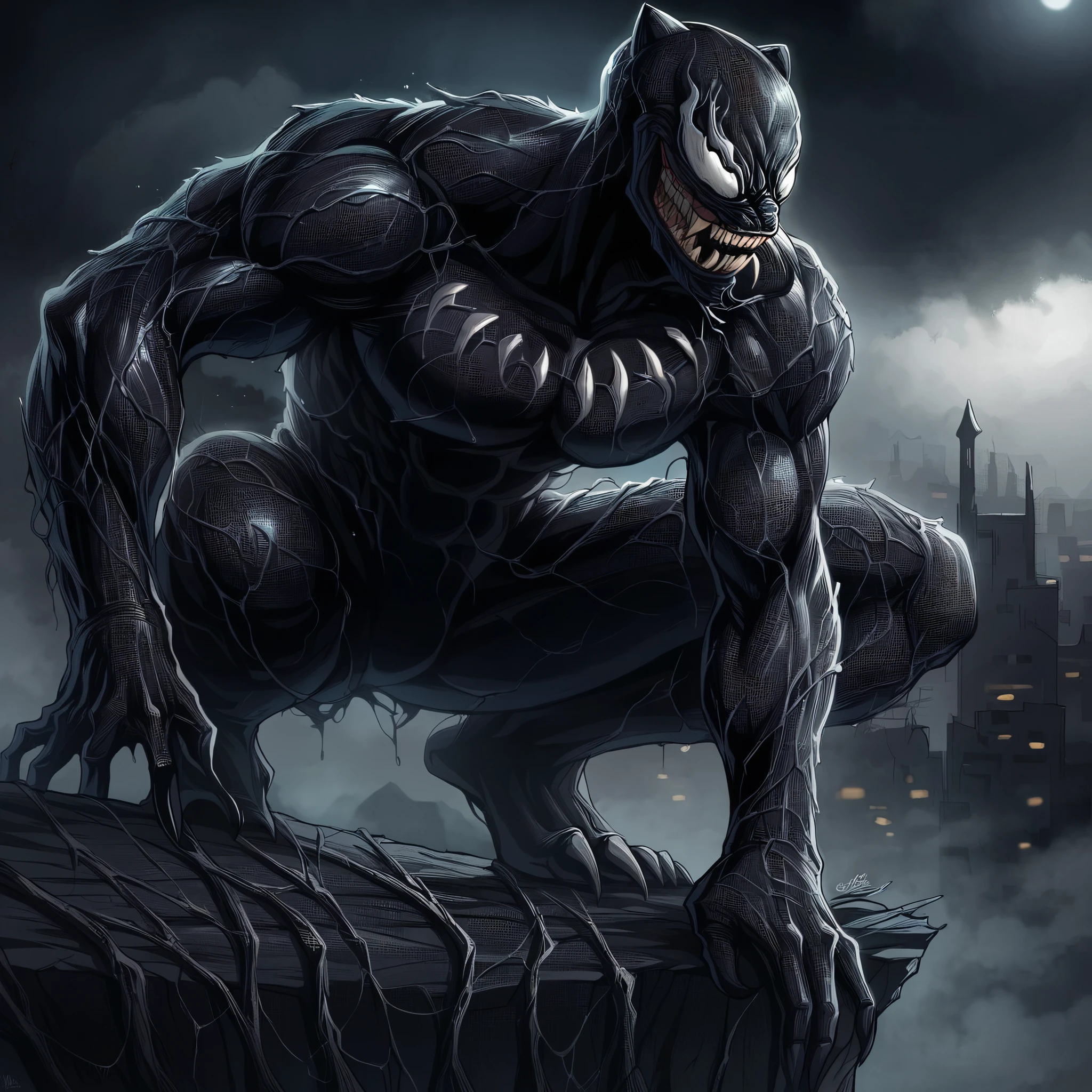 A hybrid creature, a fusion of Black Panther and Venom, crouched on a jagged cliff overlooking a dark, fog-covered city, the creature has Black Panther’s sleek, muscular form and advanced vibranium suit, infused with Venom's signature black, oozing symbiote texture that pulses and moves across the body, the suit is decorated with silver Wakandan markings partially obscured by the symbiote's tendrils. The face is a menacing combination of Black Panther's mask with Venom's wide, tooth-filled grin and intense white eyes. The background is a shadowy, misty cityscape with faint, eerie lights, creating a dark, powerful atmosphere. Realistic 4K style, low-angle perspective to capture its fierce and intimidating presence.Melhor qualidade, 