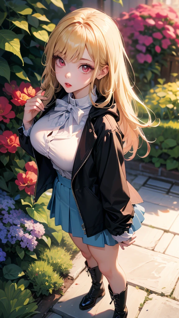 (masterpiece, highest quality, 4K), 1 girl, alone, long hair, blonde hair, big breasts, argyle crop top, argyle west, cleavage, mini skirt, T-back, armpit, outdoor, dull bangs, white leg warmers, sitting, bench, cherry blossoms, date, sunlight, beautiful girl, semi-realistic, From above, ray tracing, caustics, thick thighs, wide hips, pink argyle, baggy socks