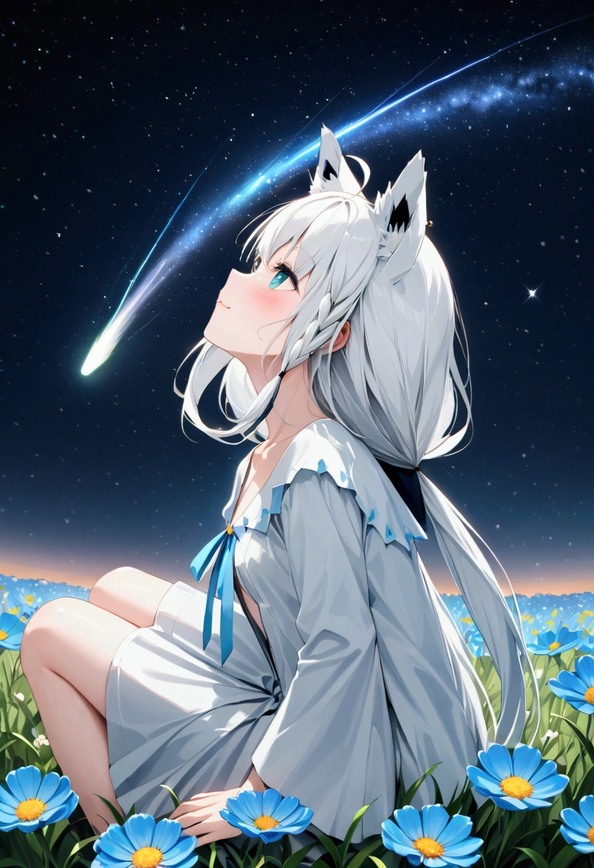  High image quality 、masterpiece、   high quality、Full HD、4K、画面の半分以上をNight Sky、 one girl sitting on the ground 、View from the side、Place your hands on your knees、 Shirakami Fubuki、 long gray hair 、 blue eyes、Fox Ears、 white dress、 flat chest、Blushing cheeks 、 looking up at the sky 、Blue Flower Field、Draw 、Night Sky、 shooting stars