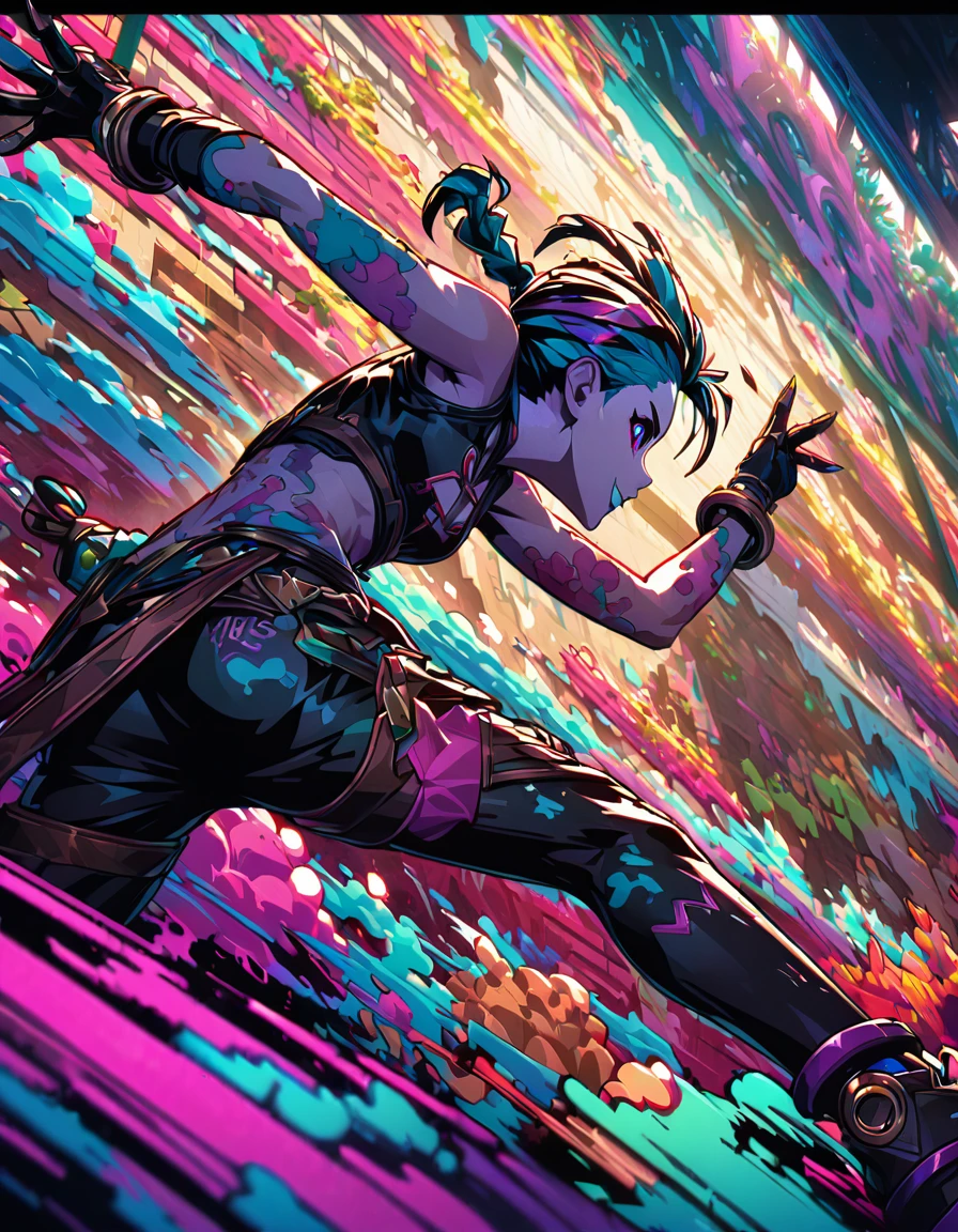 a detailed graffiti mural of jinx from league of legends, vibrant colors, dynamic pose, spray paint textures, doodle art style, highly detailed, vivid, hyper detailed, 4k