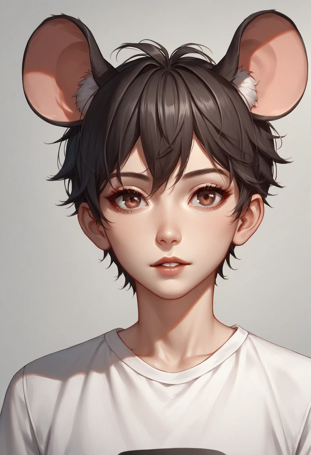 source_anime, score_9, score_8_up, score_7_up, rating_excplicit, 1girl, solo, looking at viewer,  female, mouse girl, mouse ears, shirt, short hair ,male focus, upper body, 