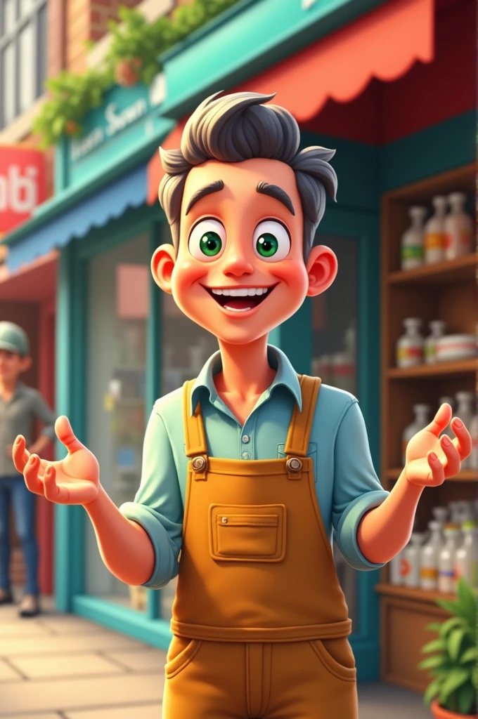 A young male cashier from Santa Cruz de la Sierra serving a liquor store, happy and realistic full body, On the table there is a computer and green bags