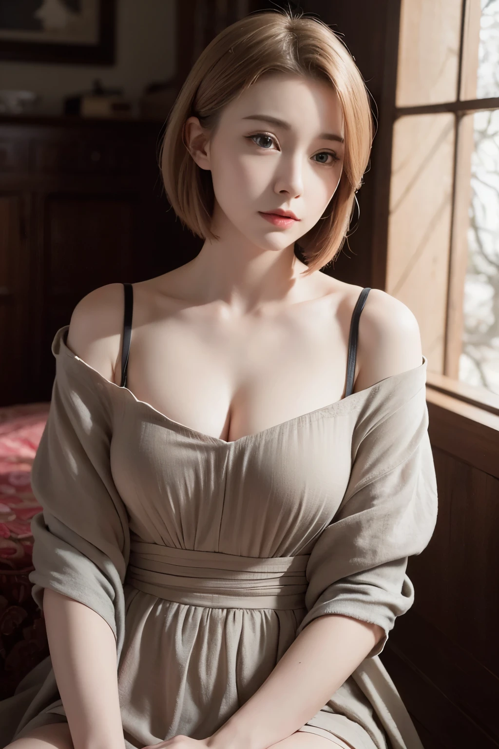 photorealistic pretty medieval woman with a taupe bob, flat chest, small bust, 8k, medieval palace, A beautiful adult woman with a soft face, perfect brown eyes, detailed face, long eyelashes, wearing modest bard clothes, realistic lighting, dramatic night scene, (best quality,4k,8k,highres,masterpiece:1.2),ultra-detailed,(realistic,photorealistic,photo-realistic:1.37),cinematic,dramatic,moody,warm light, 