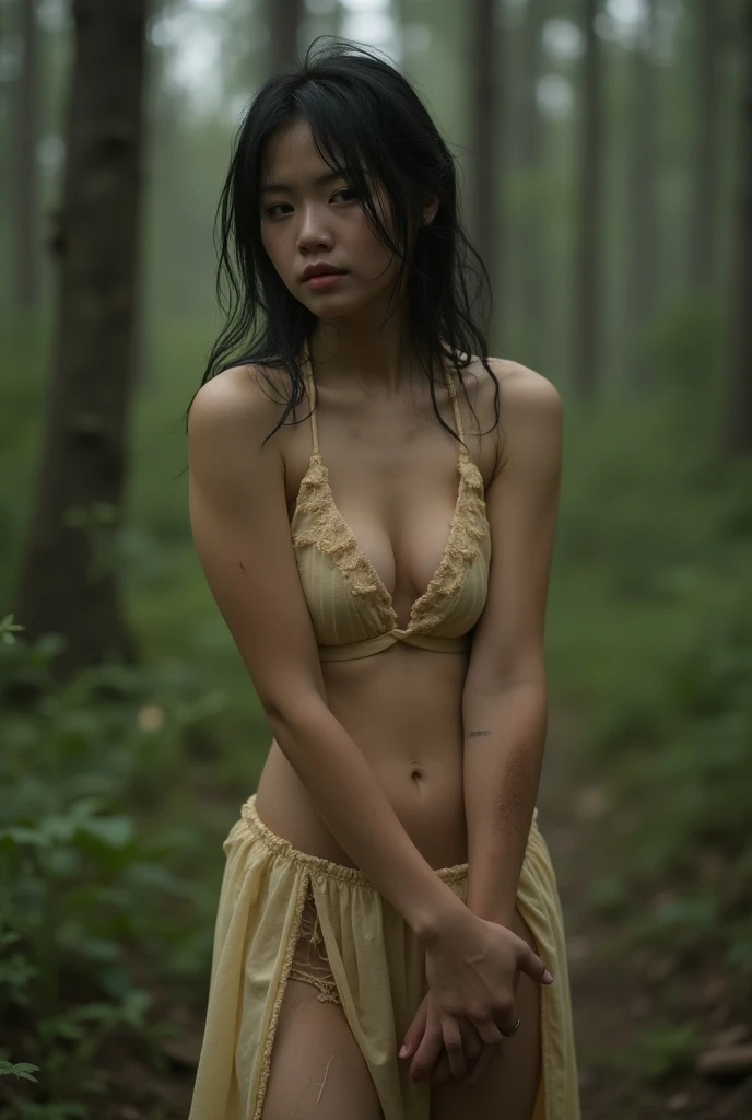 NSFW, beautiful female spy captured,she is Skinny and small breasts,hung on a tree by a rope,Raped by soldiers from behind,fucked like a doll,shed tears