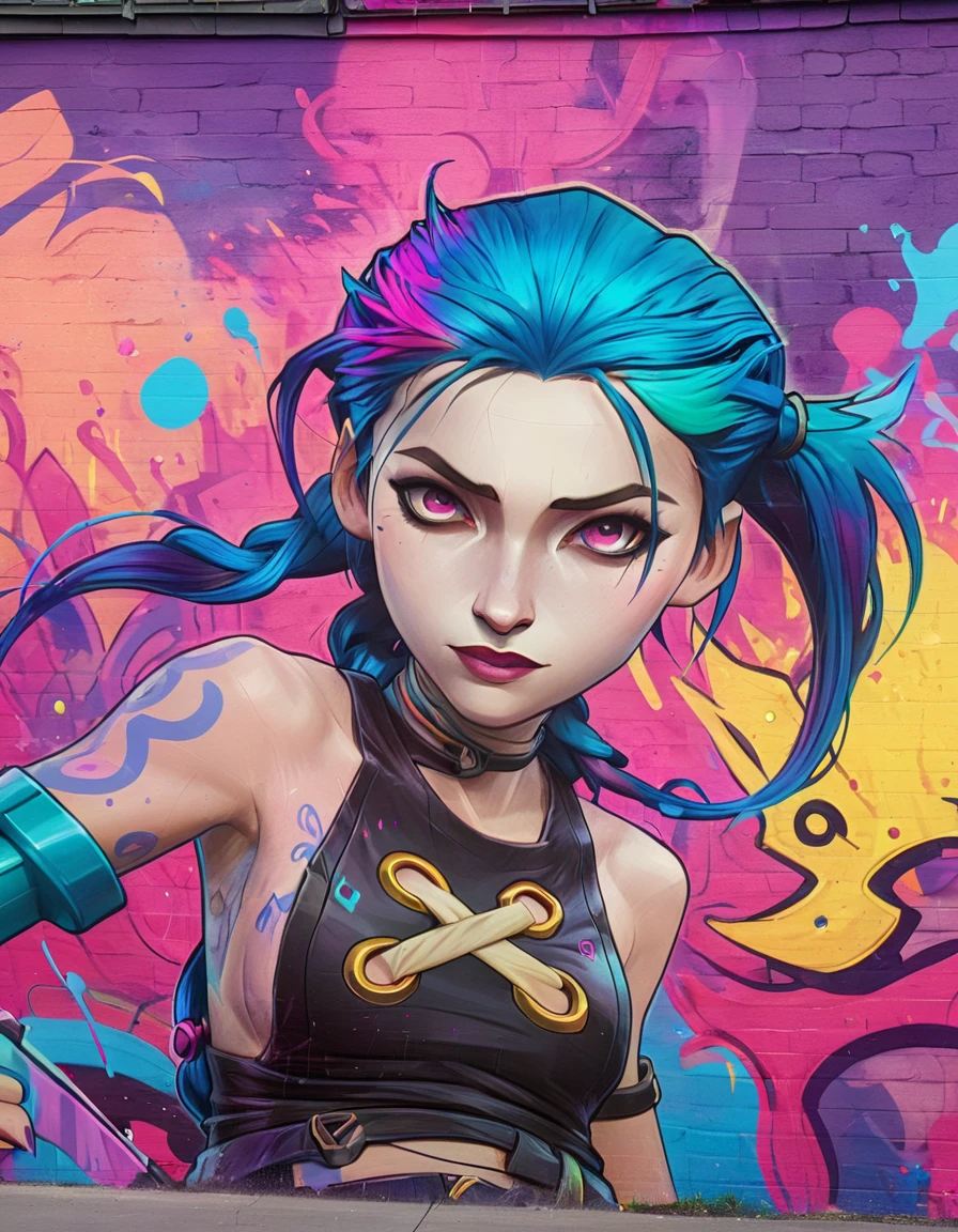 graffiti mural of jinx from league of legends, vibrant colors, dynamic pose, spray paint textures, doodle art style, highly detailed, vivid, hyper detailed, 4k