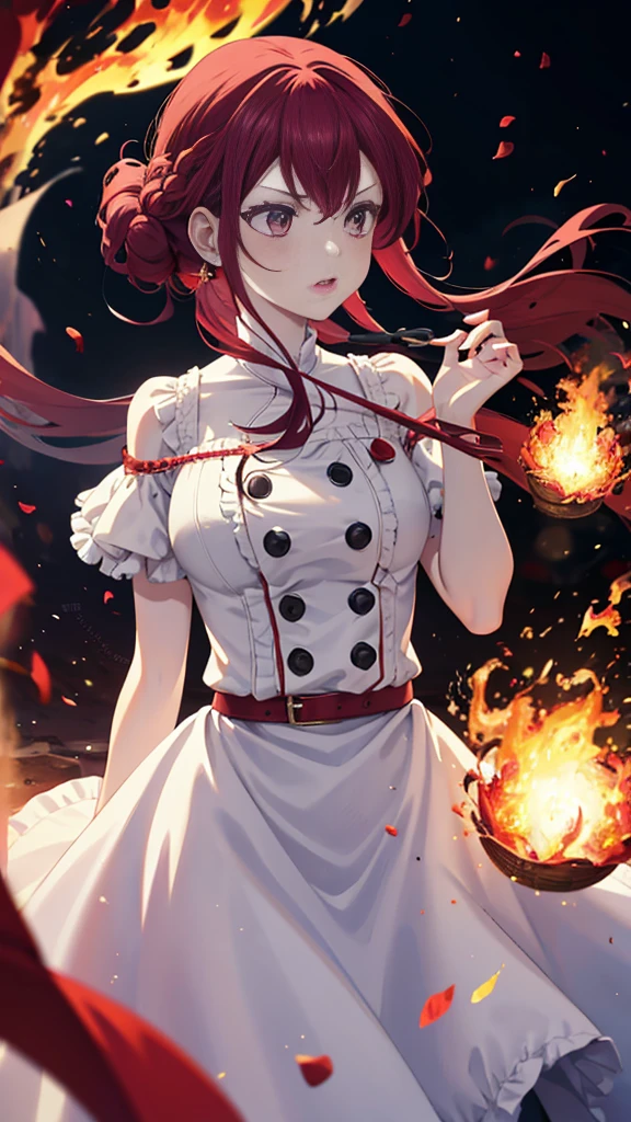 masterpiece, red hair, blewed hair, chanting magic fireball, majestic queen white dress, serious, fire effect, fire detail